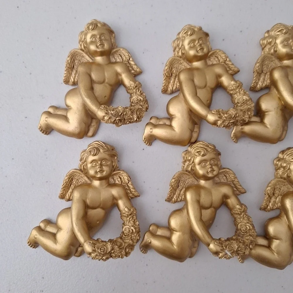 8 Ornate Resin Cherub Angel Napkin Ring Holders Gold Tone Painted Vintage HEAVY